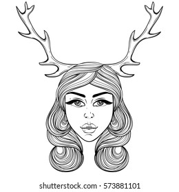 Beautiful girl with deer's horns like shaman.  Vector ornate boho woman for adult coloring pages, spirituality, occultism symbol, gypsy soul, hand drawn ethnic motif.