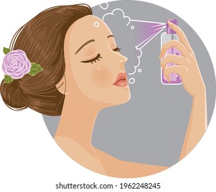 Beautiful girl delicately moisturizes skin with cosmetic toner or mist spray.