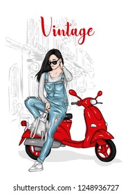 Beautiful girl in a denim jumpsuit sits on a vintage moped. Vector illustration for postcard or poster, print for clothes. Fashion & Style.