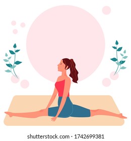 Beautiful girl design. Fitness illustration for a healthy lifestyle. Cartoon young girl doing stretching on a rug. Flat vector illustration. Active lifestyle.  Summer concept.