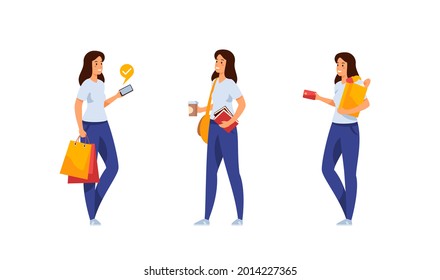 Beautiful girl with different actions shopping set. Young woman in tshirt and jeans with packages pays for goods from app. With books and coffee goes to university. Vector flat template
