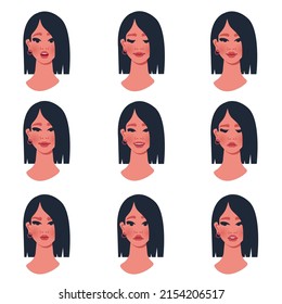 Beautiful girl with different emotions. Female portrait with happy, sad, angry, surprised face. Set of female characters with different moods.  Avatar template. Vector cartoon illustration