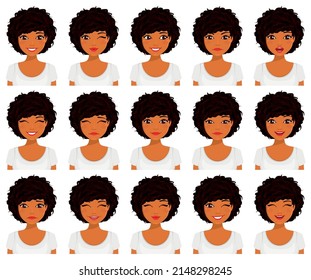 Beautiful girl with different facial expressions. Set of emotions. Flat style on white background. Cartoon.