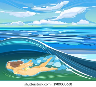 A beautiful girl dives into the light sea water and floats in the wave. Flat style. Seascape with distance, horizon and sky. Vector.
