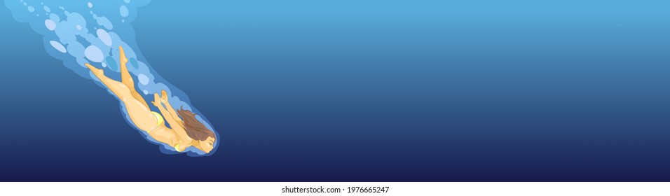 A beautiful girl dives. Place for text. Flat style. Vector.