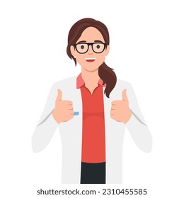 Una hermosa doctora con abrigo médico muestra el pulgar gesto hacia arriba con dos manos. Ilustración vectorial plana aislada en fondo blanco