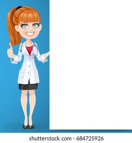 Beautiful girl doctor shows gesture thumbs up and hold big vertical banner standing on blue background