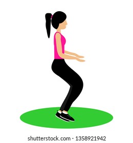 Beautiful girl doing exercises in the gym. Fit young woman doing exercises  for body warming. Full of color flat vector illustration. 
