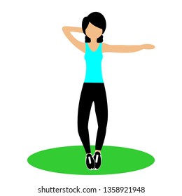 Beautiful girl doing exercises in the gym. Fit young woman doing exercises  for body warming. Full of color flat vector illustration. 