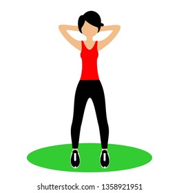 Beautiful girl doing exercises in the gym. Fit young woman doing exercises  for body warming. Full of color flat vector illustration. 