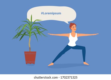 beautiful girl is doing standing yoga pose, place for text. isolated on blue background.