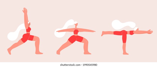 A beautiful girl doing the warrior pose. Virabhadrasana. Yoga girl. Online courses, education. Vector illustration in flat style. Eps 10.