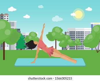 Beautiful girl doing yoga asanas outdoor against the background of the city. Fitness and health lifestyle vector illustration.