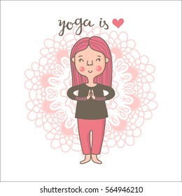  Beautiful girl doing yoga in cartoon style.