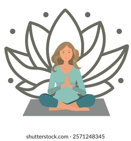 Beautiful girl doing yoga and meditating on a mat with lotus illustration, international yoga day, banner, background. Vector