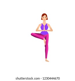 beautiful girl is doing yoga, standing in vrikshasana tree pose