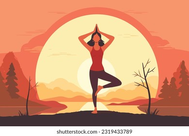 beautiful girl doing yoga in sunrise illustration