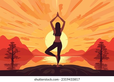 beautiful girl doing yoga in sunrise illustration