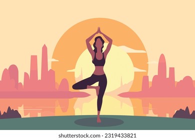 beautiful girl doing yoga in sunrise illustration, international yoga day, yoga day banner, yoga day background