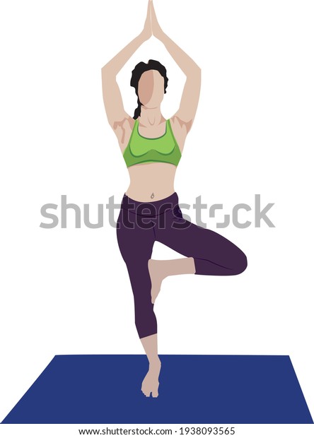 A Beautiful Girl Doing YOGA Tree\
Pose (Vrksasana) from home image, illustration,\
vector\
