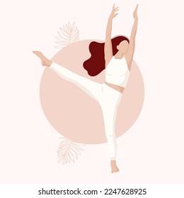 beautiful girl is doing yoga.Longitudinal twine standing.Utthita Parsvasahita.Stretched pose.Beige colors.poster.vector
