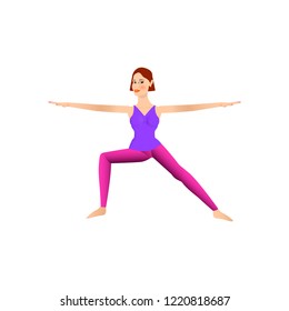 beautiful girl is doing yoga,standing in virabhadrasana warrior pose