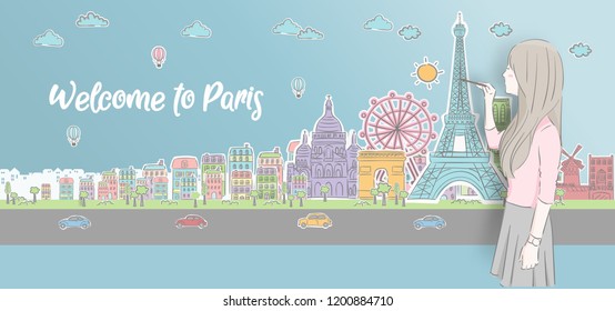 Beautiful girl drawing Paris, France landmarks. Vector illustration