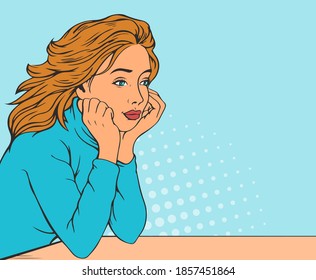 Beautiful girl is dreaming at the table. Free space for text. Vector illustration in pop art style. White background.