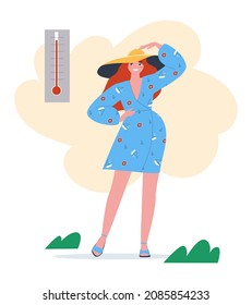 A Beautiful Girl In A Dress And Hat Looks At The Thermometer Outside The High Temperature And Heat. Flat Vector Illustration