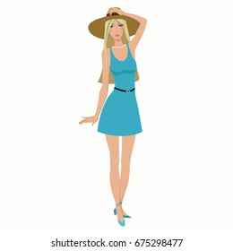 Beautiful girl in a dress and hat . Beautiful slender girl in blue dress and hat