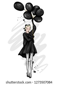 Beautiful girl in a dress, high-heeled shoes and with inflatable balls. Vector illustration for postcard or poster, print for clothes. Fashion & Style. Clothes and accessories.
