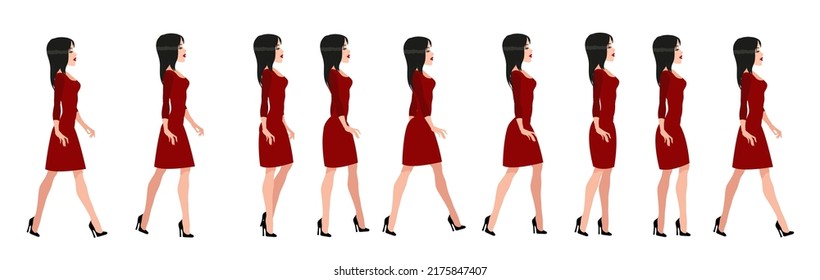 Beautiful girl in a dress on heels. A full cycle of walking animation. 