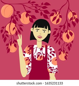 Beautiful girl in a dress with a pattern of peaches on a peach tree background. Flat vector illustration on a beautiful color background.