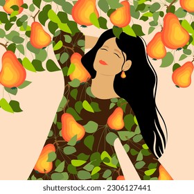 Hermosa chica con un vestido con estampado de pera y fondo de peras. Vector  Ilustración EPS.