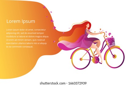 A beautiful girl in a dress rides a Bicycle with a basket of flowers. Illustration on the theme of spring and bicycles. Horizontal banner template.