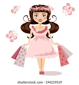 beautiful girl in a dress with shopping