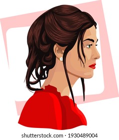 Beautiful girl dressed in a bright red dress and earrings. Vector illustration
