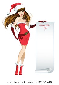 Beautiful girl dressed as Santa Claus holding a classified, invitation, greetings. Vector illustration on white background.