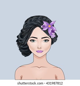 Beautiful girl with dressy hairstyle and purple flowers in  black hair, vector