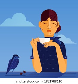 Beautiful Girl Drink with Decorative Elements on Abstract Background. Modern Flat Vector Illustration. Female Character in Stylish Cloth with Dark Hair Bun Hold Cup, Blue Bird. Social Media Template.