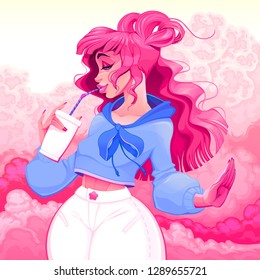 Beautiful girl is drinking by a straw in a pink atmosphere. Vector illustration