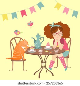 Beautiful girl drinking coffee with funny cat. Vector illustration