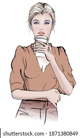 Beautiful girl drinking coffee - vector illustration 
