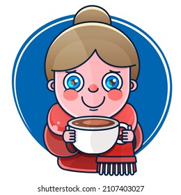 Beautiful girl drinking hot coffee or tea. Vector illustration 