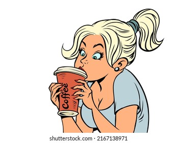Beautiful girl drinking hot coffee, paper cup, morning cafeteria