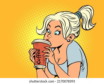 Beautiful girl drinking hot coffee, paper cup, morning cafeteria