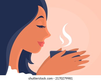 A beautiful girl is drinking hot tea or coffee. Nice female morning. In the hands of a cup with a hot drink. On the face of pleasure. Happy young woman. Cartoon vector illustration