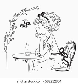 Beautiful girl drinking tea on the table. Cute child sitting on chair in garden. Tea time vector concept