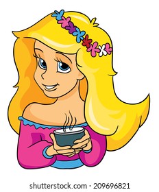 beautiful girl drinking tea, vector illustration on white background 