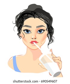 Beautiful girl drinking. Vector illustration